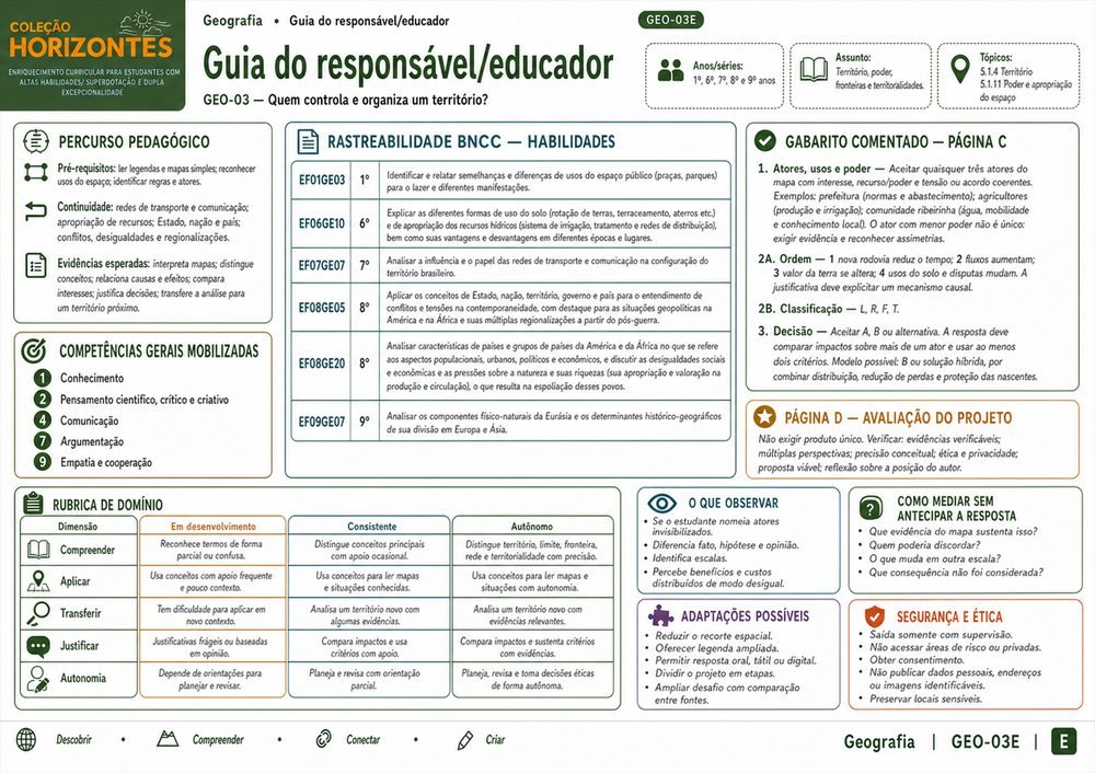 Página E — Guia do Responsável ou Educador — do caderno GEO-03 de Geografia da Coleção Horizontes.